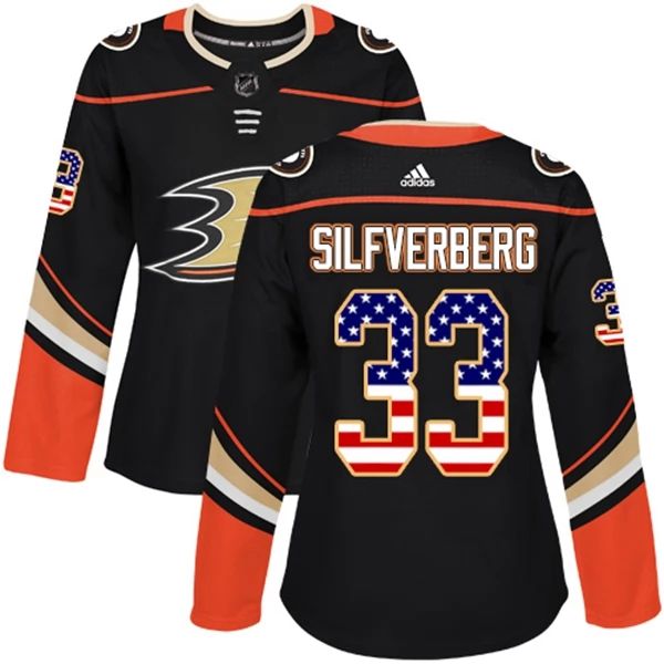 Damen Anaheim Ducks Trikot Jakob Silfverberg 33 Schwarz USA Flag Fashion Authentic